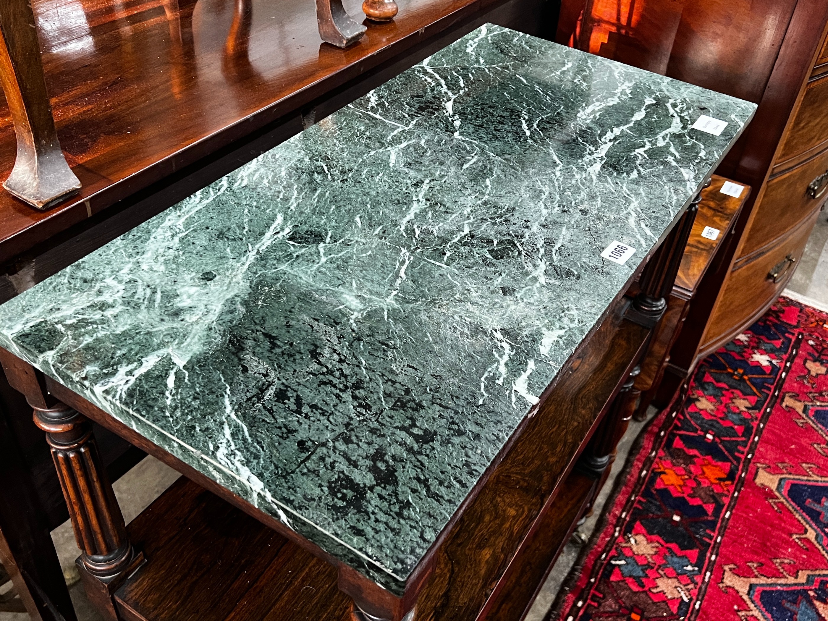 A Victorian rosewood buffet, with associated green marble top, width 79cm, depth 38cm, height 93cm